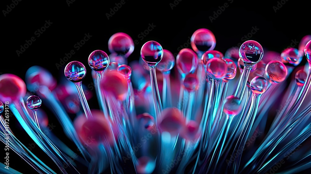 Poster splash abstract background concept. close-up of colorful, glowing microbial structures with water dr