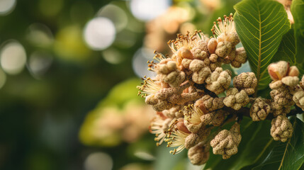 close up of blooming nut tree showcasing intricate flowers and lush green leaves, creating serene and natural atmosphere