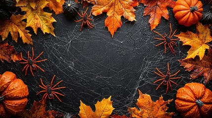 A festive Halloween-themed arrangement with pumpkins, leaves, and spiders.