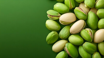 Green pistachio nuts and leaves in a natural design