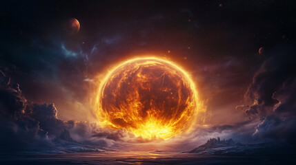 Vibrant and fiery star surrounded by cosmic scenery