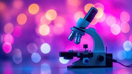 Laboratory microscope standing on a glowing purple background with bokeh light effects, minimalist and clean.