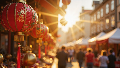 Obraz premium Lanterns glowing in vibrant street market at sunset