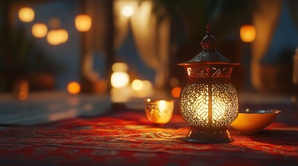candles on a table,Transport yourself to the enchanting world of Ramadan with an AI-generated image featuring a radiant lantern and a table adorned with