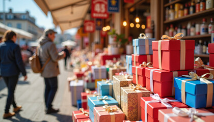 Obraz premium Colorful gift boxes on street market during festive season