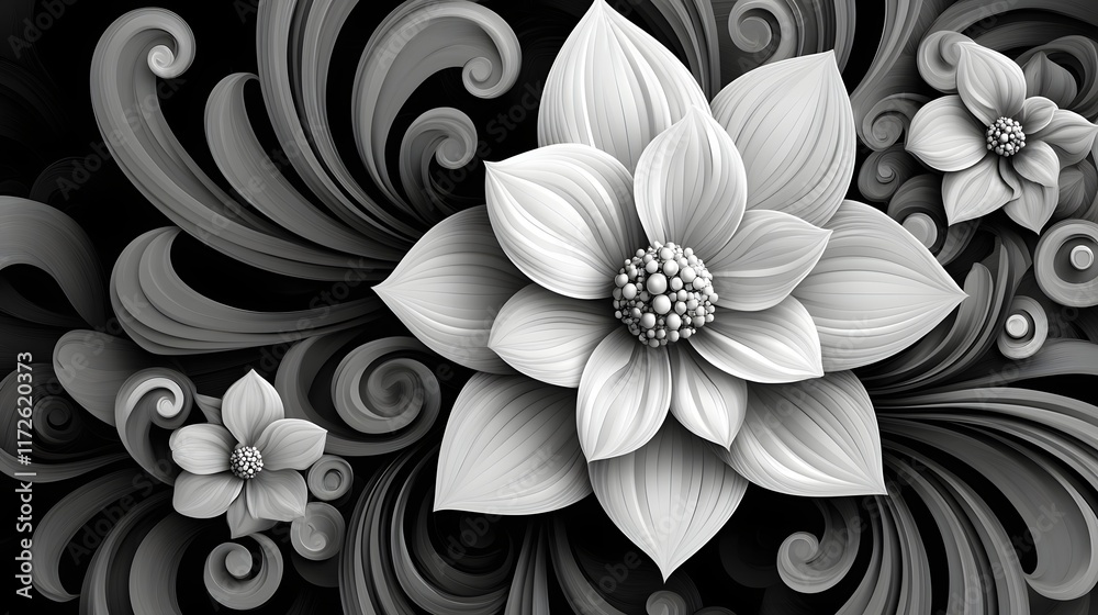 Poster abstract black and white backgrounds. stunning grayscale image of large and small flowers with intri