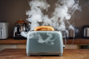A twoslice toaster emits thick smoke, a burnt piece of bread inside. Other kitchen appliances are visible in the background, suggesting a domestic setting.
