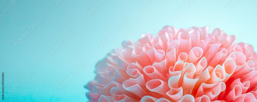Poster Soft abstract background idea. Vibrant pink flower with intricate petal patterns against a soft blue background.