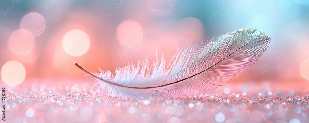 Poster Feather abstract background concept. Delicate feather resting on a sparkling surface with soft pastel bokeh background.
