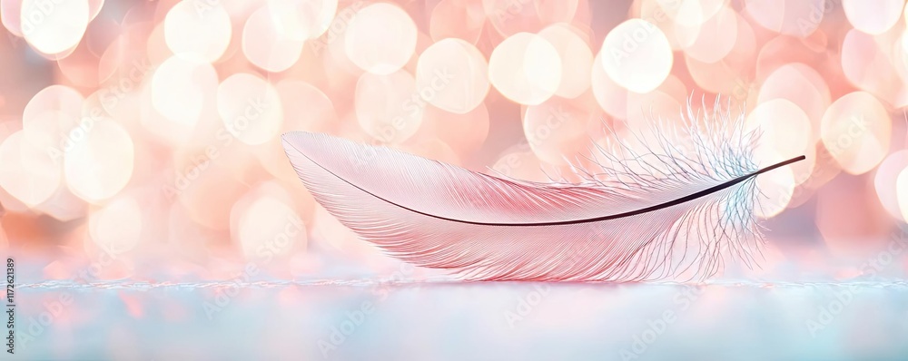 Poster Feather abstract background concept. A delicate pink feather resting on a soft background with ethereal bokeh effects.