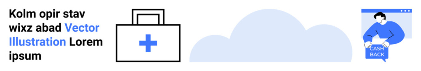 First aid kit with cross, cloud, and male healthcare professional holding Book Now sign. Ideal for health apps, telemedicine, medical services, cloud storage, healthcare, online booking, emergency