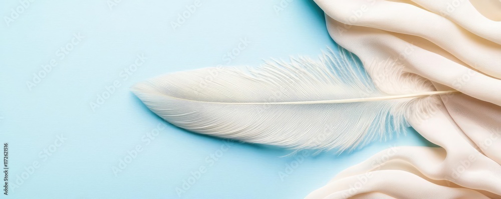 Poster Feather abstract background concept. A delicate white feather resting on smooth, flowing fabric, creating a serene ambiance.