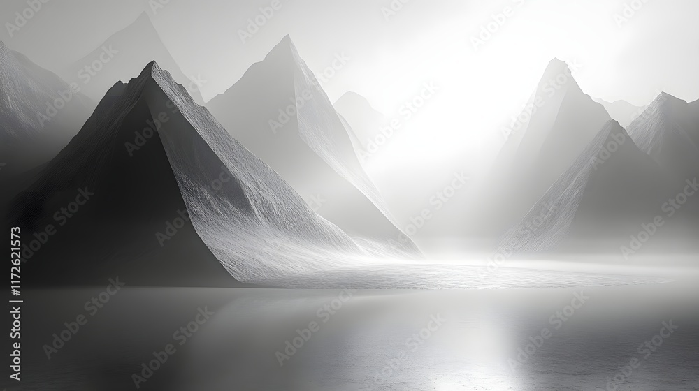 Poster abstract black and white backgrounds. serene grayscale landscape of misty mountains and a calm lake.
