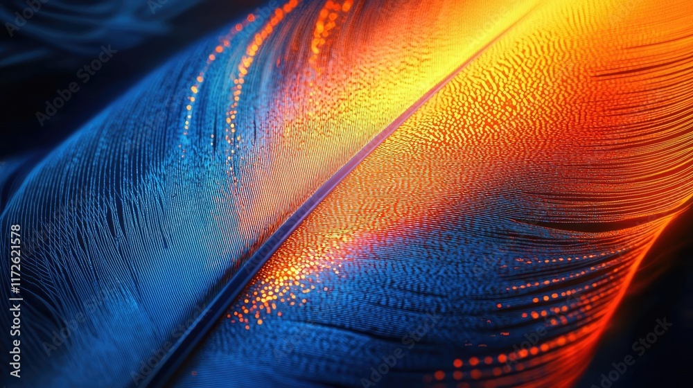Poster feather abstract background concept. a vibrant feather displaying stunning blue and orange colors in