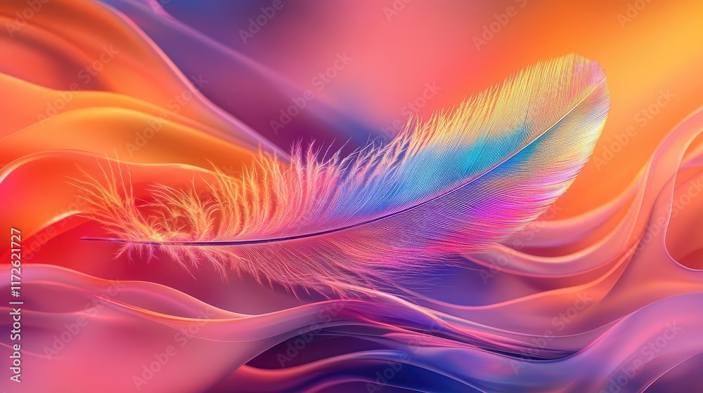 Aufkleber Feather abstract background concept. A vibrant feather floating in a colorful swirl of abstract waves.