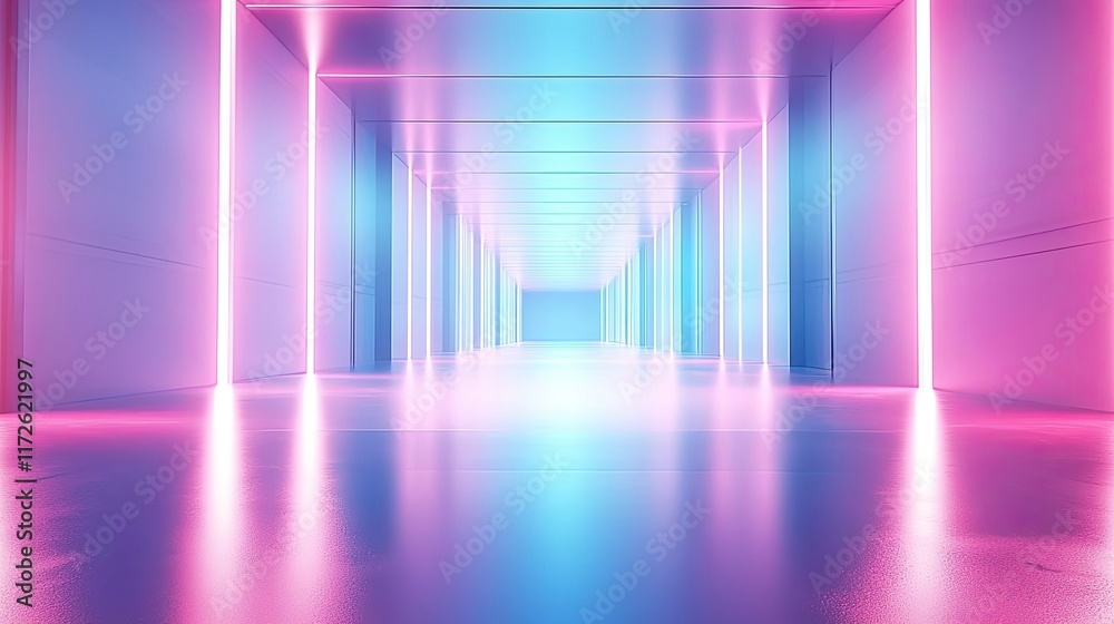 Poster soft abstract background idea. a vibrant corridor illuminated with pink and blue neon lights, reflec