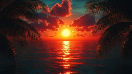 A vibrant sunset over the ocean framed by palm trees, evoking tranquility.