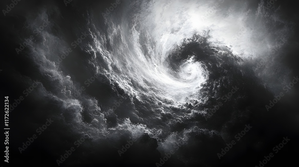Poster Abstract Black and White Backgrounds. A mesmerizing grayscale image of swirling clouds forming a dramatic vortex. The contrast between light and dark creates a powerful and intense atmosphere.