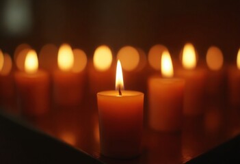Lit candles in church with warm glow and soft focus