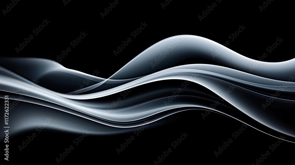 Poster Smoke abstract background idea. Abstract waves in monochrome, creating a sense of flow and elegance on a dark background.