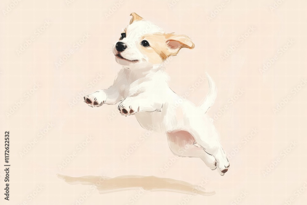 Poster joyful puppy leaping with excitement in a light colored, cheerful background during a sunny afternoo