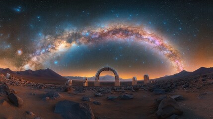 Vibrant galaxy over desert landscape at twilight showcasing stars and colorful nebulae