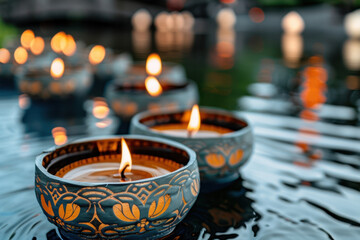 Ornate floating lanterns with intricate designs glow warmly as they drift on rippling water, reflecting their patterns and creating a serene atmosphere.
