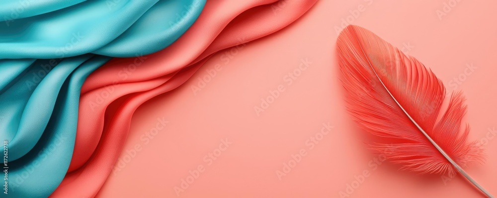 Poster feather abstract background concept. elegant coral feather paired with soft flowing fabric in vibran