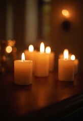 Lit candles in church with warm glow and soft focus