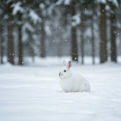 A white rabbit sitting on fresh snow in a quiet winter forest, evoking a sense of calm and purity.
