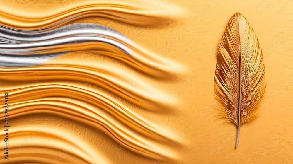 Aufkleber Feather abstract background concept. Elegant golden canvas with flowing textures and a delicate feather accent.
