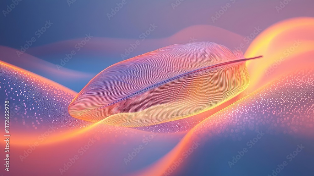 Poster Feather abstract background concept. A serene and dreamy image of a glowing feather resting on soft, gentle waves.