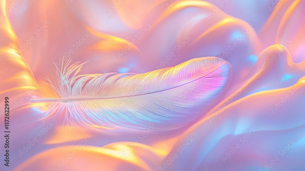 Poster feather abstract background concept. a delicate feather rests on soft, colorful, flowing fabric in a