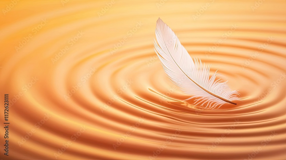 Poster Feather abstract background concept. A serene feather floating gracefully on calm water, creating gentle ripples.