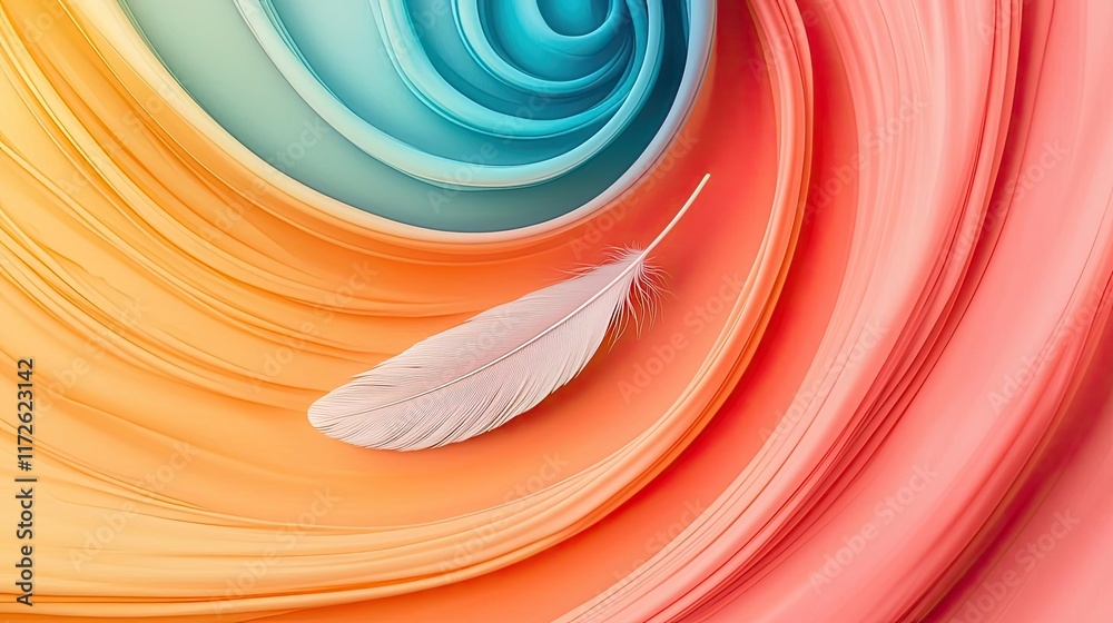 Poster feather abstract background concept. a vibrant swirl of colors featuring a delicate white feather.