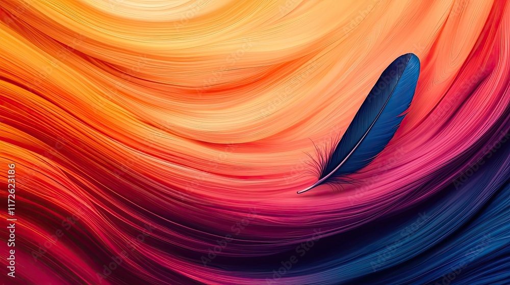 Aufkleber Feather abstract background concept. Vibrant abstract swirl design with a blue feather accent against a warm gradient backdrop.