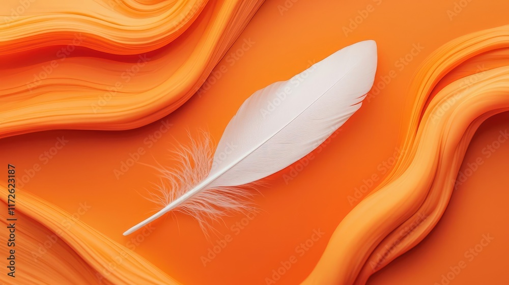 Poster feather abstract background concept. a delicate white feather rests on vibrant orange fabric, showca