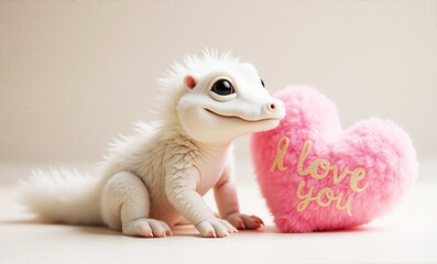 A valentine card with a cute white creature and a heart with love