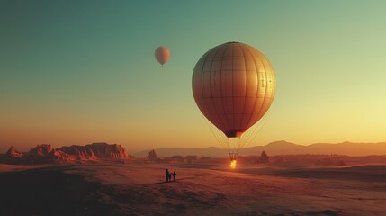 Naklejka premium Two explorers observing hot air balloons during sunset in an open field