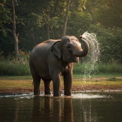 Fototapeta premium An elephant spraying water with its trunk in a calm lake surrounded by greenery, showcasing its natural beauty. 