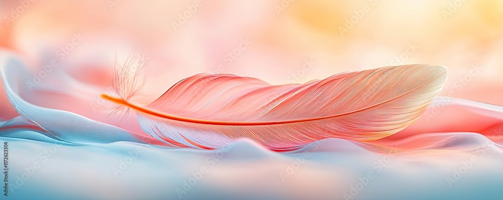 Poster feather abstract background concept. a delicate pink feather resting on soft fabric, embodying tranq