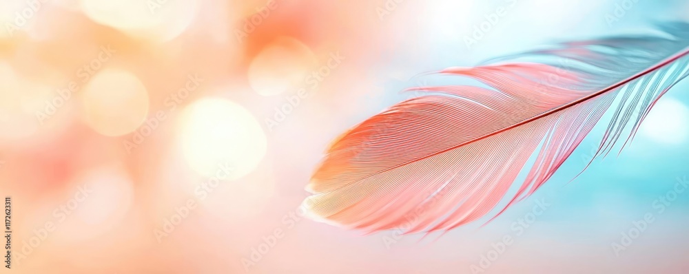 Poster feather abstract background concept. a soft, colorful feather gently floats against a dreamy backgro