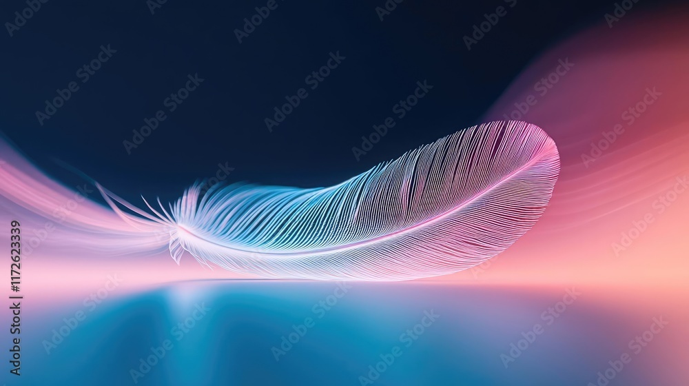 Poster Feather abstract background concept. A delicate feather drifting gracefully in a dreamlike gradient background.