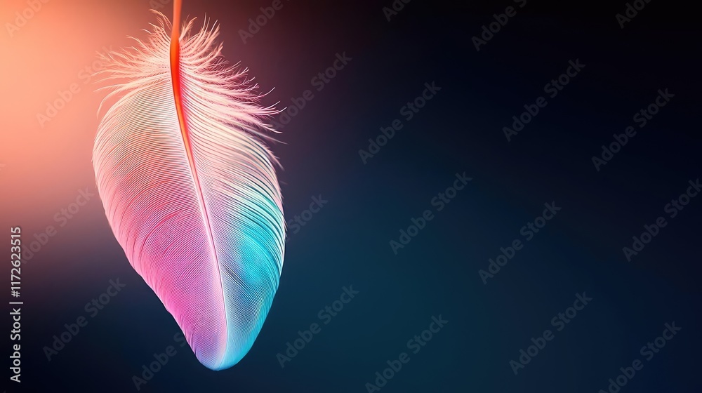 Poster feather abstract background concept. a vibrant feather with colorful hues floating against a dark ba