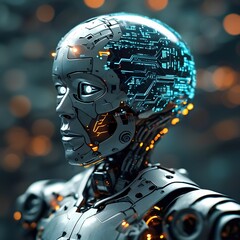 Fototapeta premium A highly detailed close-up of a futuristic, metallic robot head and upper torso, featuring intricate glowing circuits and bright orange accents, with a cool, gray-white color palette and a blend of sm
