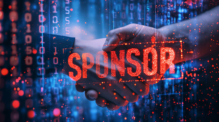 Sponsorship concept. Business between fund sponsors Resources or services. Businessman showing sponsor icon on virtual screen