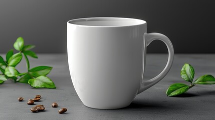 A white mug beside coffee beans and green leaves on a textured surface.