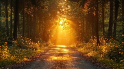 Obraz premium A serene forest path illuminated by golden sunlight and surrounded by flowers.