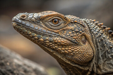 Close-up portrait of a spiny lizard's head, showcasing its detailed scales and intense gaze.