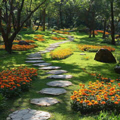 Stone path winds through sunny park flowerbeds with trees
